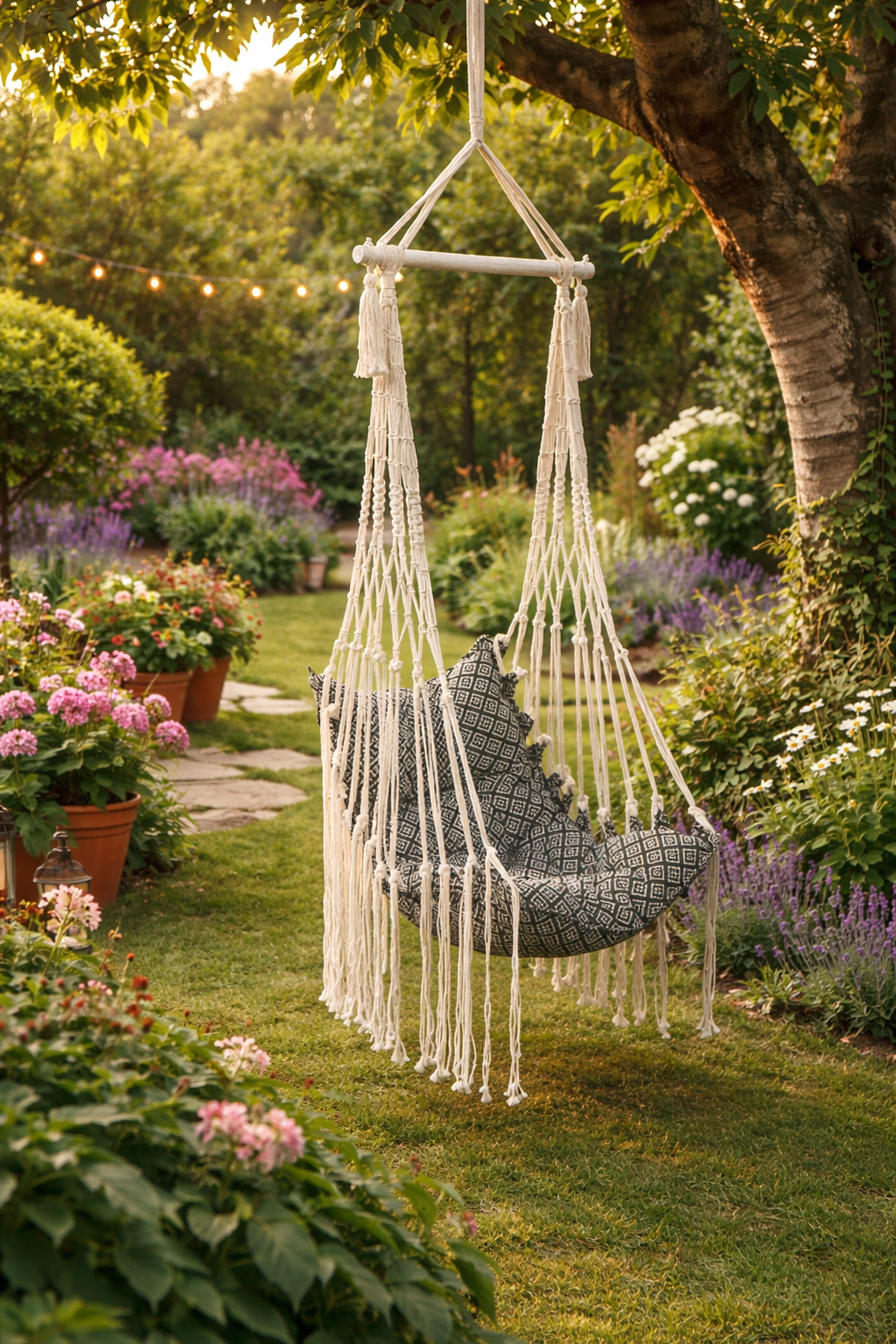 Macrame hammock chair in a garden setting with flowers and trees.