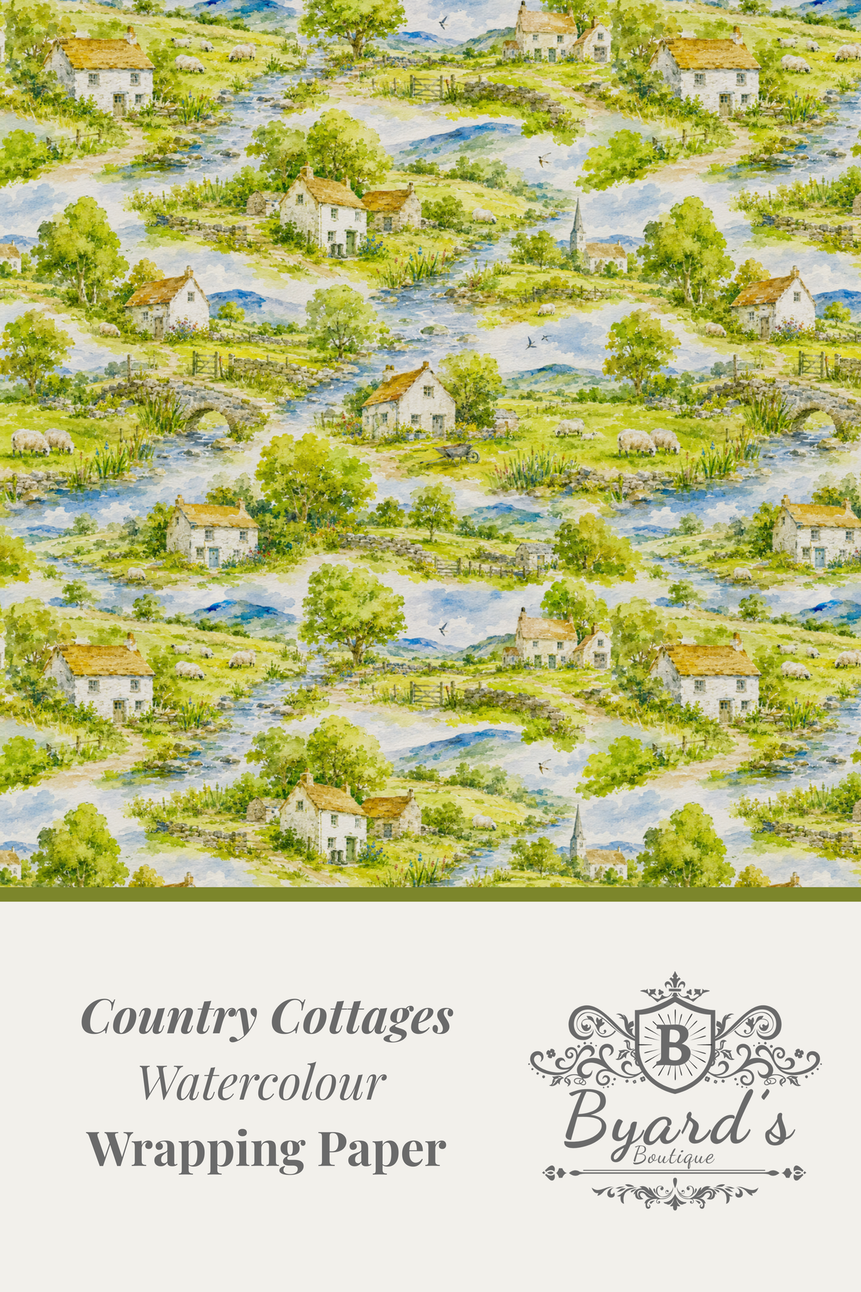 Watercolour country cottages wrapping paper pattern with a cream lower section containing the text 'Country Cottages Watercolour Wrapping Paper' and the Byard's brand logo.