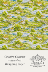 Watercolour country cottages wrapping paper pattern with a cream lower section containing the text 'Country Cottages Watercolour Wrapping Paper' and the Byard's brand logo.