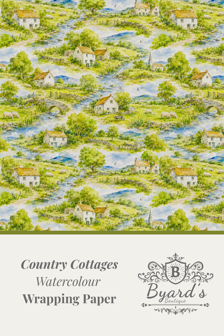 Watercolour country cottages wrapping paper pattern with a cream lower section containing the text 'Country Cottages Watercolour Wrapping Paper' and the Byard's brand logo.