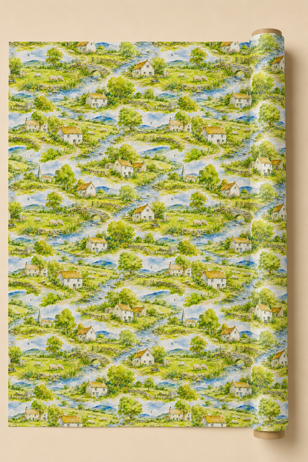 A roll of wallpaper featuring a repeating watercolor-style landscape pattern of green fields, trees, blue winding streams, and small white houses with orange roofs, shown against a warm beige background.