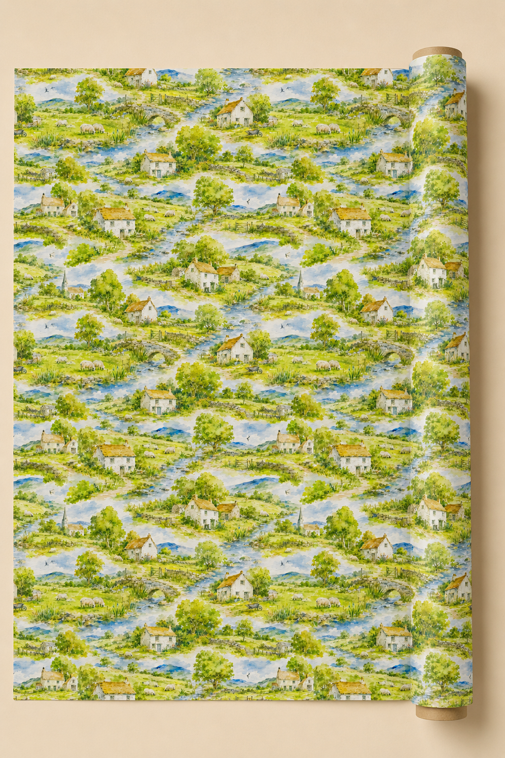 A roll of wallpaper featuring a repeating watercolor-style landscape pattern of green fields, trees, blue winding streams, and small white houses with orange roofs, shown against a warm beige background.