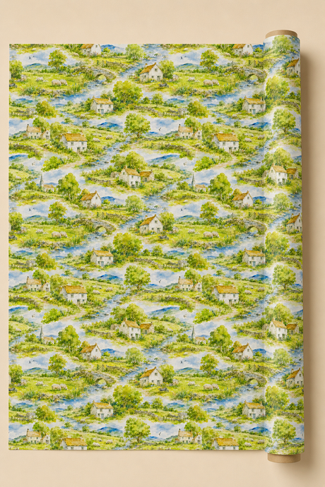 A roll of wallpaper featuring a repeating watercolor-style landscape pattern of green fields, trees, blue winding streams, and small white houses with orange roofs, shown against a warm beige background.