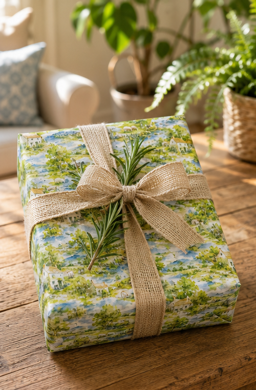 A gift box wrapped in a scenic landscape Water colour print wrapping paper tied with a burlap ribbon and rosemary sprig, set on a rustic wooden table with a cozy indoor background.
