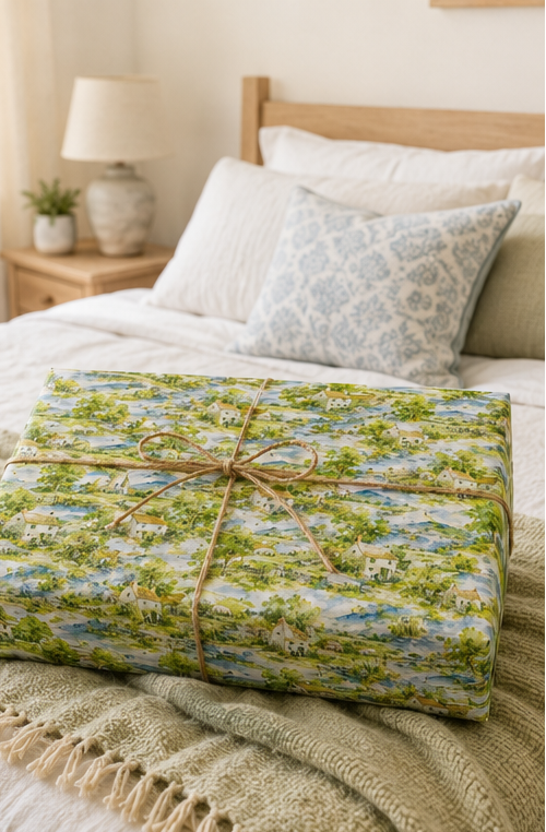 A rectangular gift box wrapped in green and blue pastoral landscape paper with a natural twine bow, placed on a bed with white linens and pillows in a softly lit bedroom.