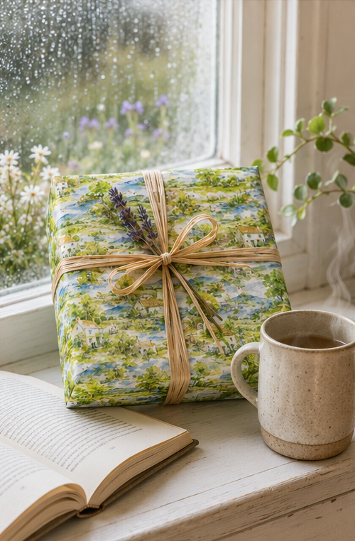 A square gift box wrapped in green and blue landscape-patterned paper with a natural twine bow, placed on a windowsill beside an open book, a ceramic mug, and a rainy outdoor view.