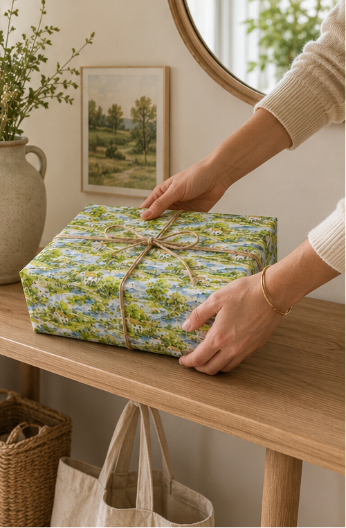 A person's hands wrapping a square gift box in a green and blue landscape paper, tied with a natural twine bow, set on a wooden table in a cozy room.