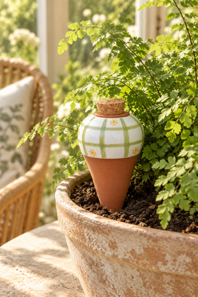 Single Daisy terracotta watering spike with a glossy white top, green checked pattern and yellow floral motifs. Features a tapered terracotta body and cork stopper.