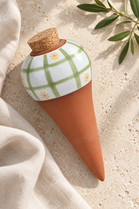 Daisy terracotta watering spike, with green checks, yellow flowers and a cork stopper. Individually boxed for gifting, with gentle water release.