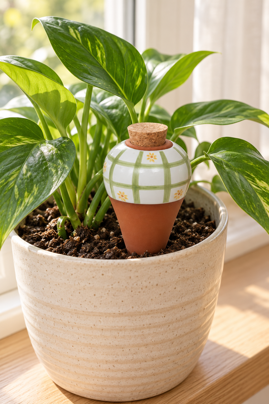 Terracotta Watering Spike – Daisy Green Check, Boxed