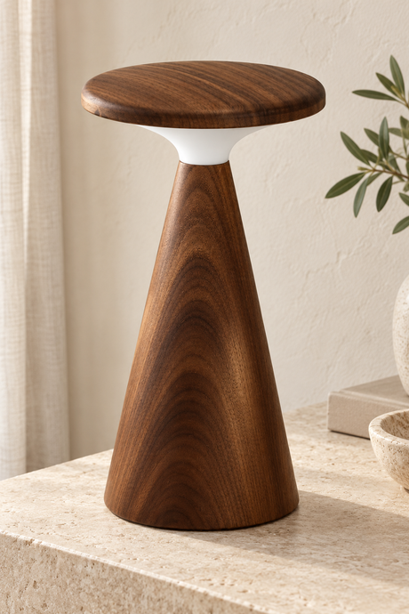 “Sylva Large walnut LED table lamp with natural wood grain and frosted acrylic diffuser”