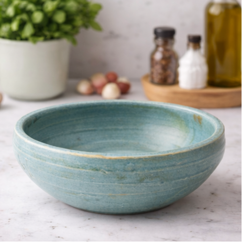 Handcrafted ceramic bowl on a wooden surface with herbs and oil.