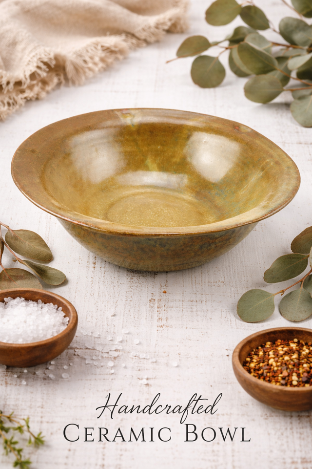 Handcrafted ceramic bowl on a textured surface with eucalyptus leaves and small bowls of salt and pepper.