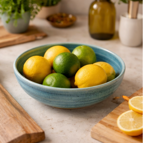 A blue ceramic bowl containing various items on a wooden surface.