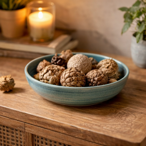 A blue ceramic bowl containing various items on a wooden surface.
