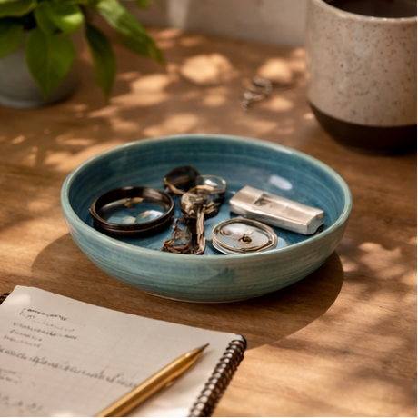 a blue ceramic bowl containing various items on a wooden surface.