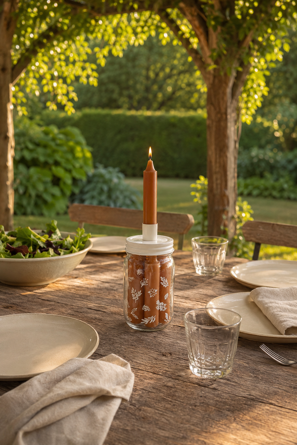 A lit brown taper candle in a clear glass jar with a white lid sits on a rustic wooden dining table outdoors, surrounded by plates, a glass, and a bowl of salad under leafy trees.