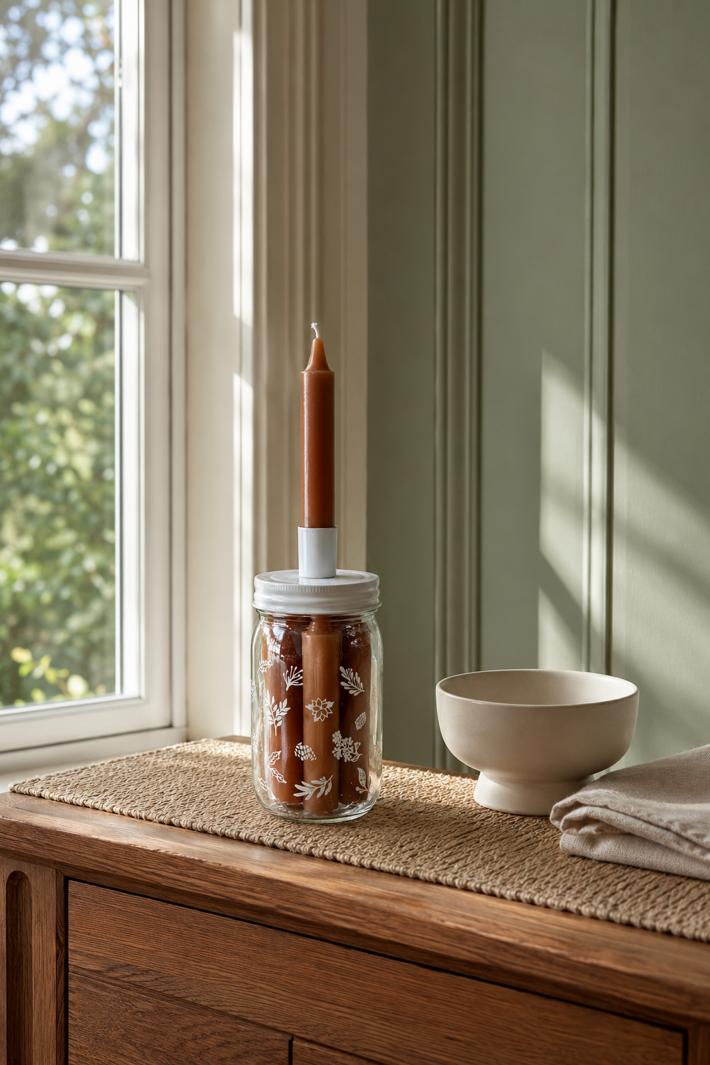 A decorative brown taper candle in a clear glass jar with white floral detailing, displayed on a woven runner on a wooden table next to a ceramic bowl in a softly lit room.