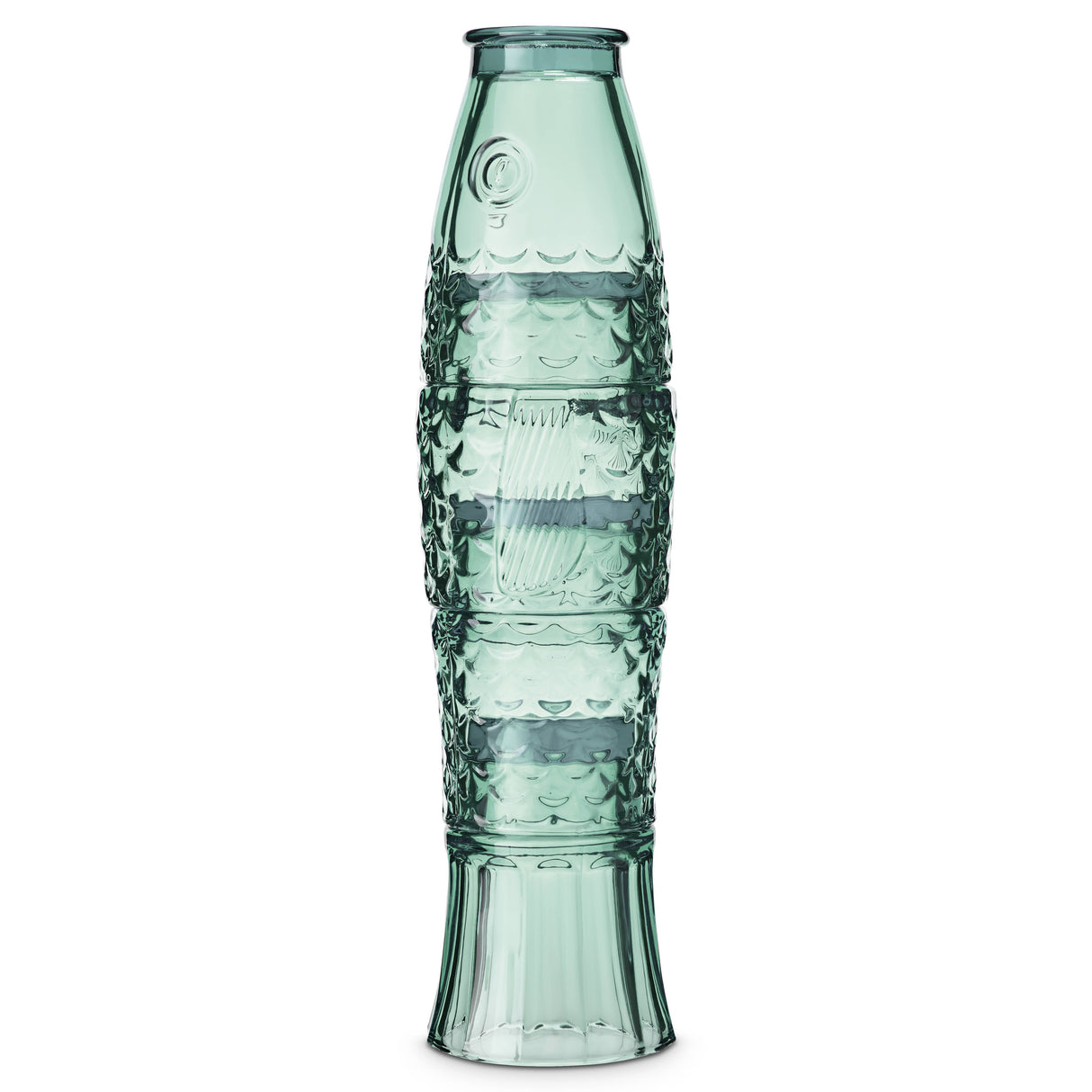Decorative green glass tumblers with intricate fish patterns on a white background