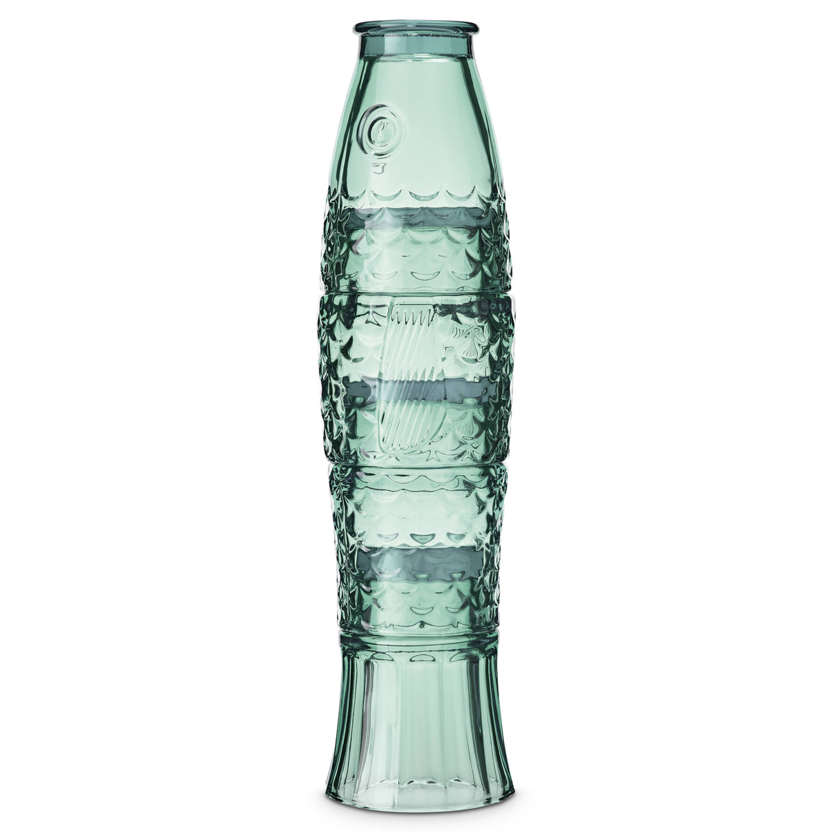 Decorative green glass tumblers with intricate fish patterns on a white background