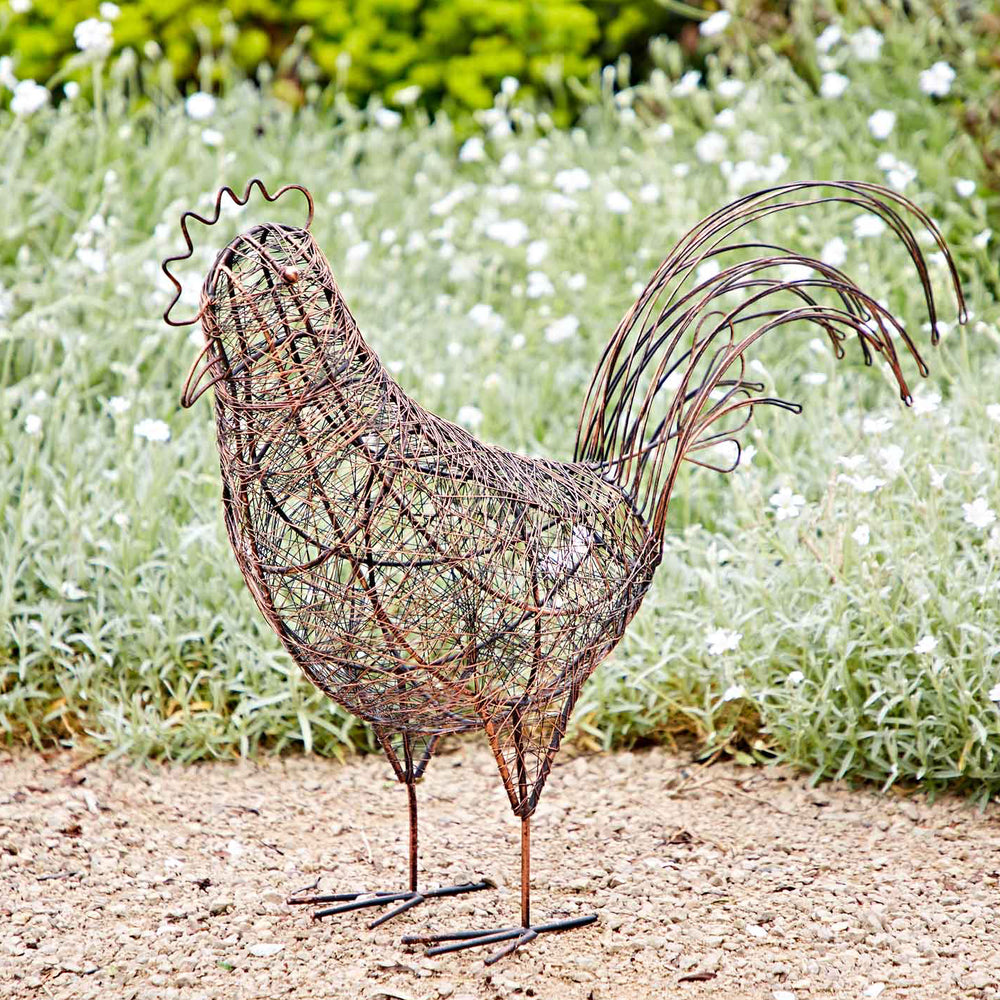 Decorative wire rooster sculpture in a garden setting with greenery and white flowers.