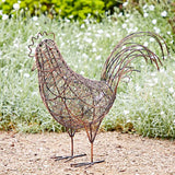 Decorative wire rooster sculpture in a garden setting with greenery and white flowers.