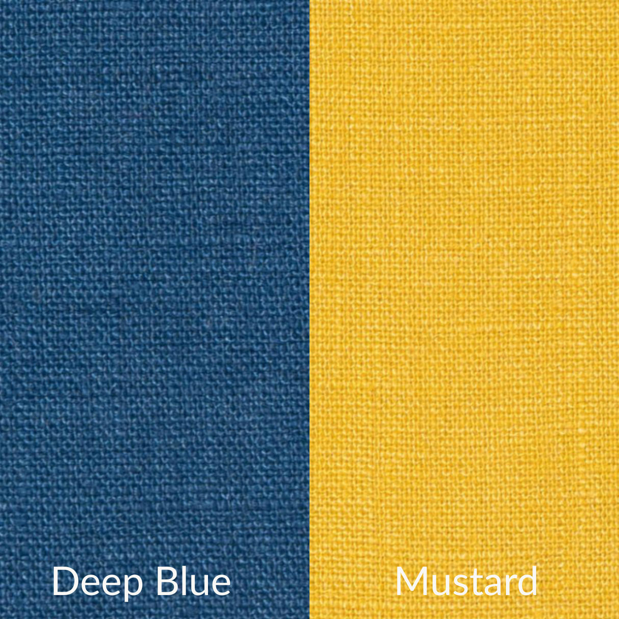 Two fabric swatches labeled 'Deep Blue' and 'Mustard' on a white background.