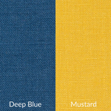 Two fabric swatches labeled 'Deep Blue' and 'Mustard' on a white background.