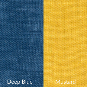 Two fabric swatches labeled 'Deep Blue' and 'Mustard' on a white background.