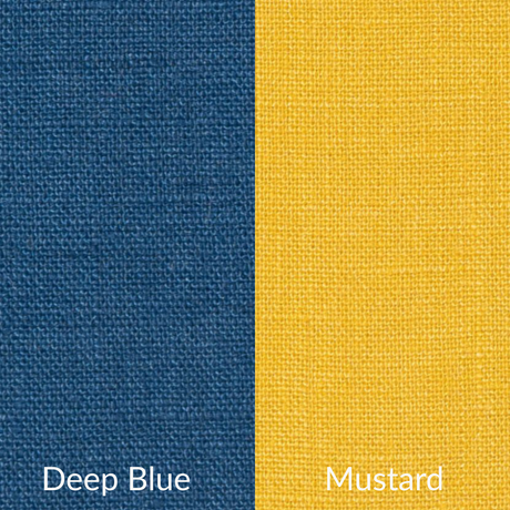 Two fabric swatches labeled 'Deep Blue' and 'Mustard' on a white background.