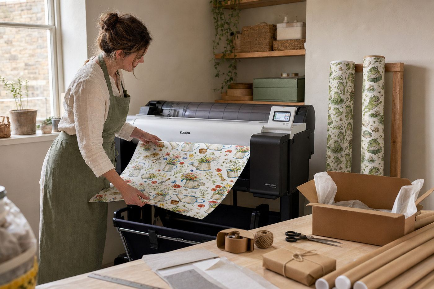 Byard's Boutique workshop photograph using a Canon printer and the actual Watering Cans & Wildflowers and Bookish Frogs papers from the collection.