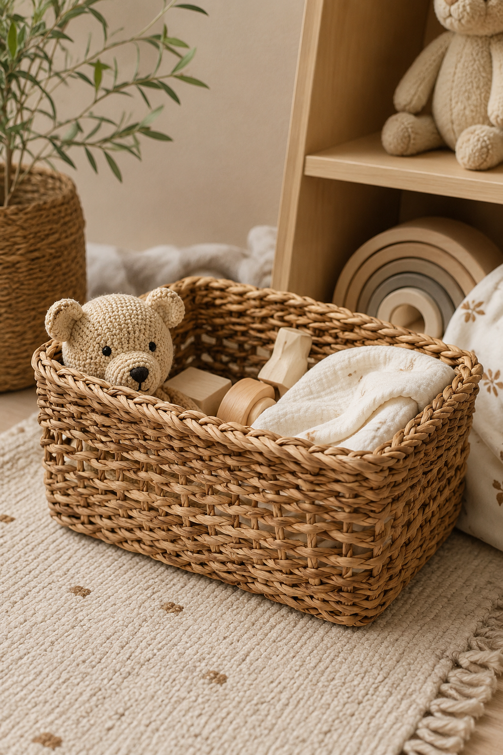Woven basket with toys on a carpeted floor next to a wooden shelf with teddy bears.