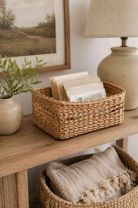 Wicker baskets with books and a blanket on a wooden surface, with a lamp and plant in the background.