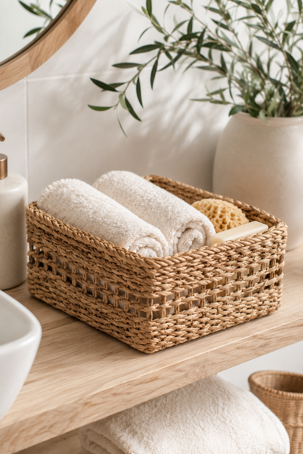 Woven basket with rolled towels on a wooden surface, with a plant and candle in the background.