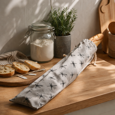 kitchen scene with a patterned bag, bread, and plants.