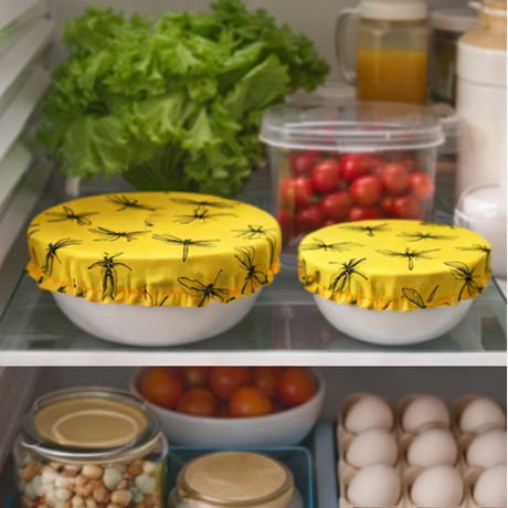 Yellow covers with black patterns on bowls in various settings