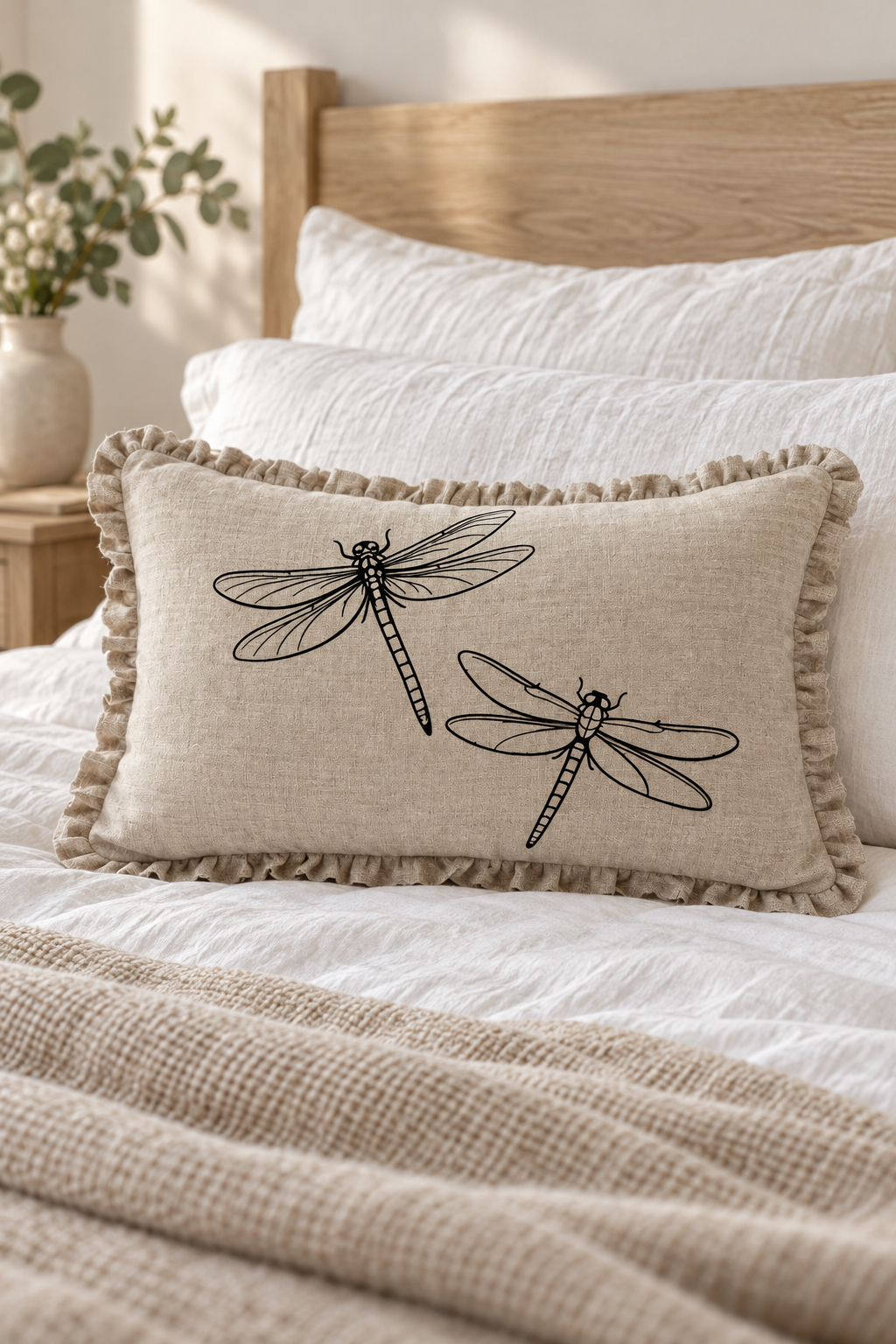 Dragonfly Linen Cushion Cover – Natural Ruffle Edge, 50 × 30cm