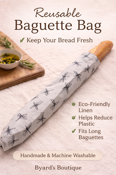 Reusable baguette bag with text highlighting benefits on a neutral background