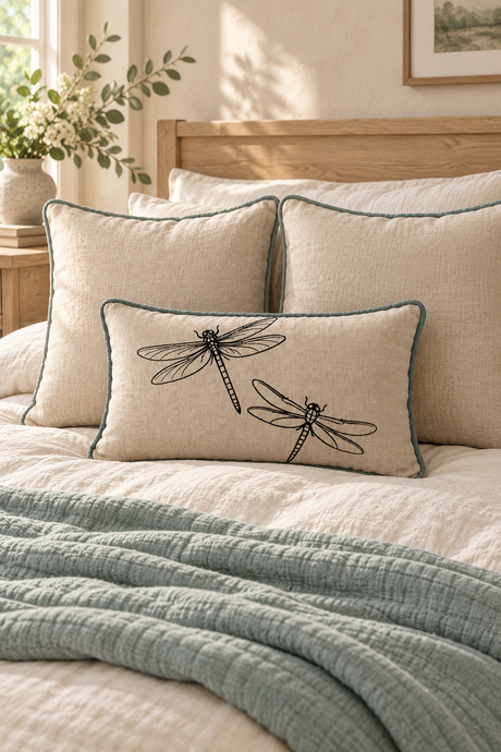 A styled bedroom scene showing large plain linen cushion with duck egg piping, styled with a feature bolster cushion with dragonfly printed and duck egg piping