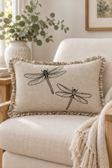 Dragonfly Linen Cushion Cover – Natural Ruffle Edge, 50 × 30cm