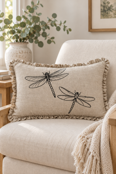 Dragonfly Linen Cushion Cover – Natural Ruffle Edge, 50 × 30cm