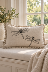 Dragonfly Linen Cushion Cover – Natural Ruffle Edge, 50 × 30cm