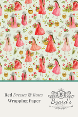Red Dresses & Roses Wrapping Paper pattern featuring watercolor illustrations of girls in red dresses with pink roses and baskets on a cream background, with the text and Byard's Boutique logo at the bottom.