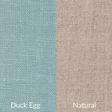 Two fabric swatches labeled 'Duck Egg' and 'Natural' on a textured background.