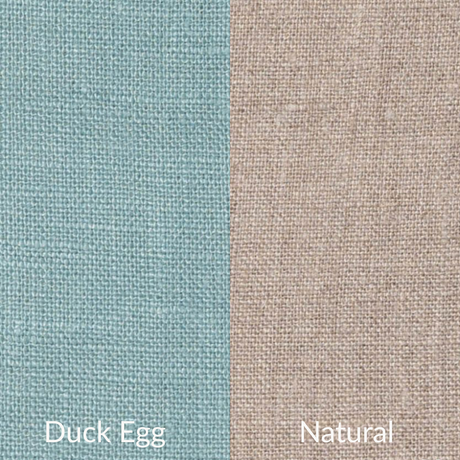 Two fabric swatches labeled 'Duck Egg' and 'Natural' on a textured background.