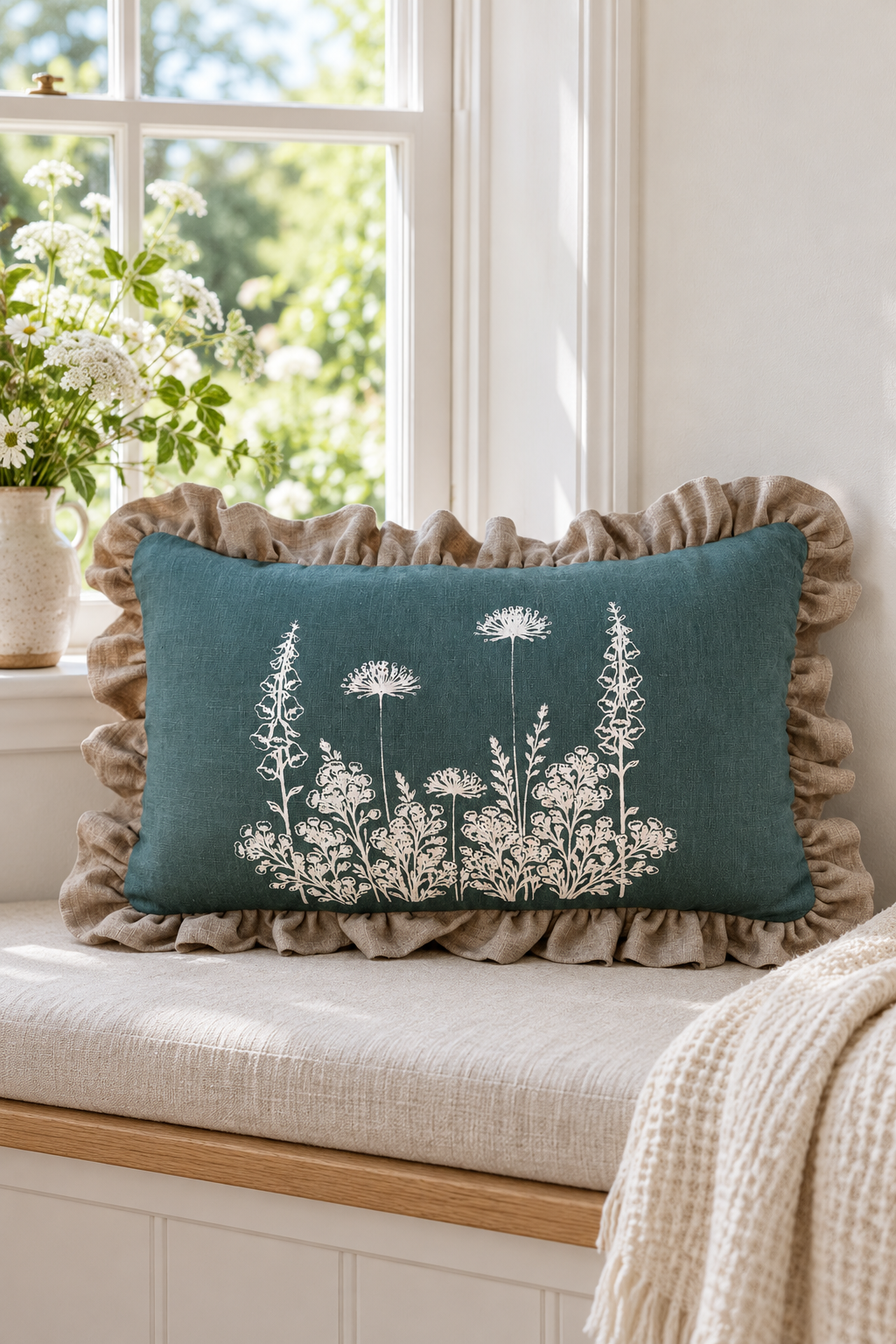 Duck egg Florilegium rectangular cushion with a large natural ruffle on an oatmeal window seat.