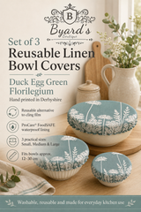 A set of three reusable Duck Egg Green Florilegium linen bowl covers, hand printed in Derbyshire with a delicate white botanical design featuring agapanthus and foxglove flowers. Lined with ProCare® FoodSAFE waterproof fabric, they are ideal for covering leftovers, salads, fruit bowls, prep bowls, cake mixtures and rising dough.