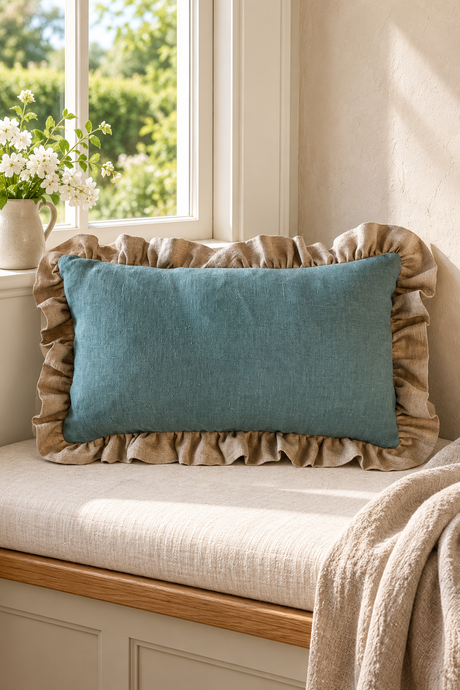 Rectangular duck egg linen cushion with natural ruffled edging on an ivory cottage window seat.