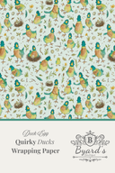 Duck egg wrapping paper featuring a repeating pattern of whimsical quirkly ducks in green, yellow, and orange on a pale blue background, with a cream lower section containing the text 'Duck Egg Quirky Ducks Wrapping Paper' and the Byard's brand logo.