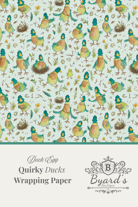 Duck egg wrapping paper featuring a repeating pattern of whimsical quirkly ducks in green, yellow, and orange on a pale blue background, with a cream lower section containing the text 'Duck Egg Quirky Ducks Wrapping Paper' and the Byard's brand logo.